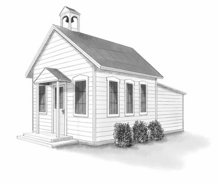 A sketched rendering of Juneberry Hill Schoolhouse